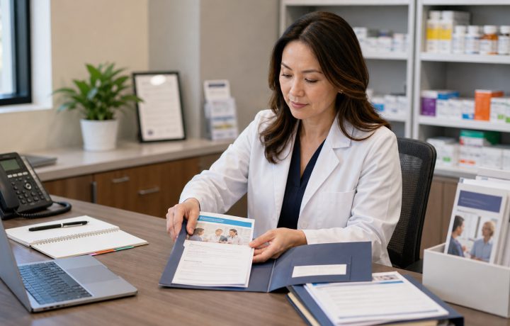 A realistic editorial image representing referral growth and prescriber coordination for independent pharmacy professionals.