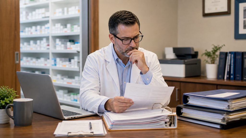 A realistic editorial image representing PBM investigations for independent pharmacy professionals.