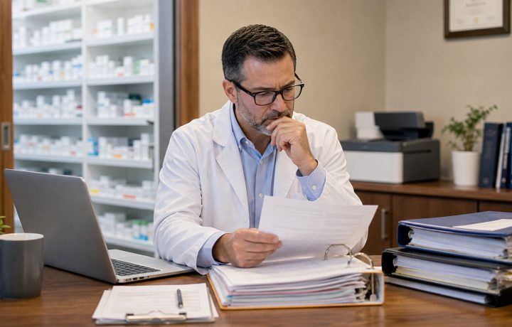 A realistic editorial image representing PBM investigations for independent pharmacy professionals.