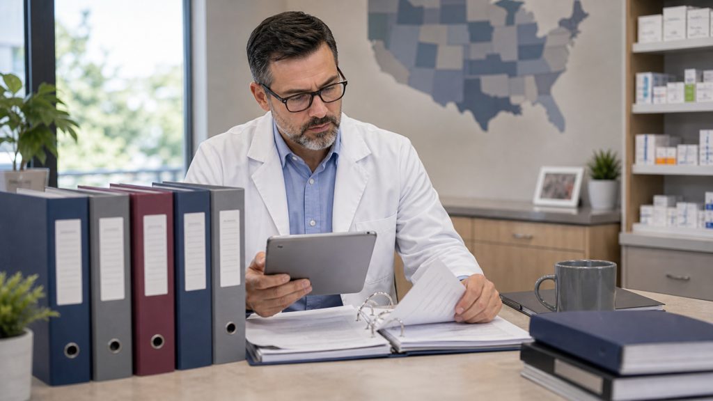 A realistic editorial image representing state pharmacy law tracking for independent pharmacy professionals.