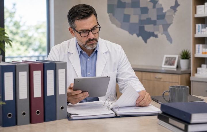 A realistic editorial image representing state pharmacy law tracking for independent pharmacy professionals.