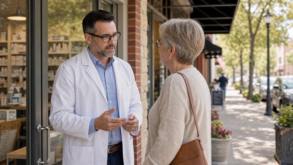 A realistic editorial image representing local pharmacy access context for independent pharmacy professionals.