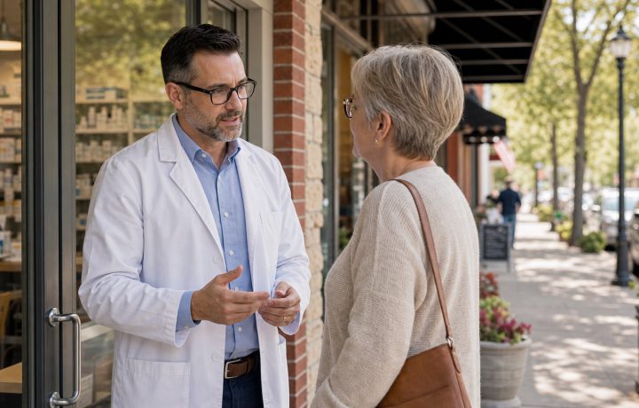 A realistic editorial image representing local pharmacy access context for independent pharmacy professionals.