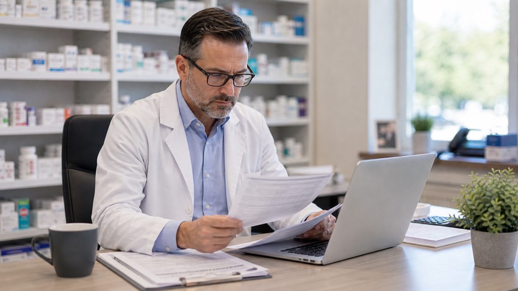 A realistic editorial image representing reimbursement headlines and claims data review for independent pharmacy professionals.