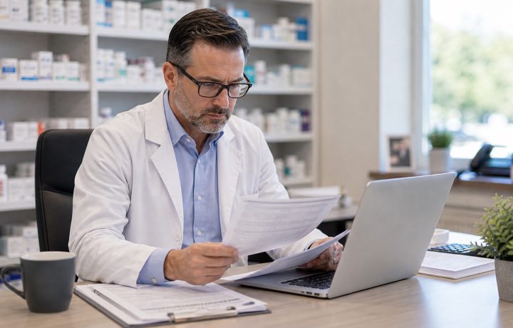A realistic editorial image representing reimbursement headlines and claims data review for independent pharmacy professionals.