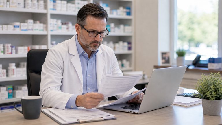 A realistic editorial image representing reimbursement headlines and claims data review for independent pharmacy professionals.