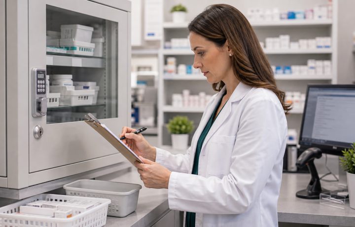 A realistic editorial image representing controlled substance compliance for independent pharmacy professionals.