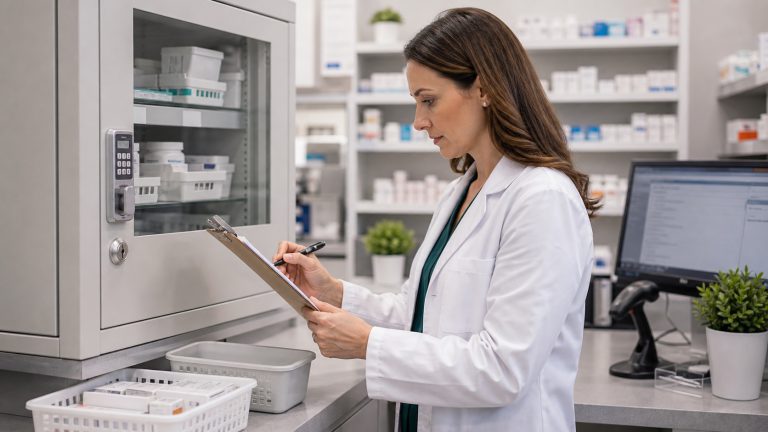 A realistic editorial image representing controlled substance compliance for independent pharmacy professionals.