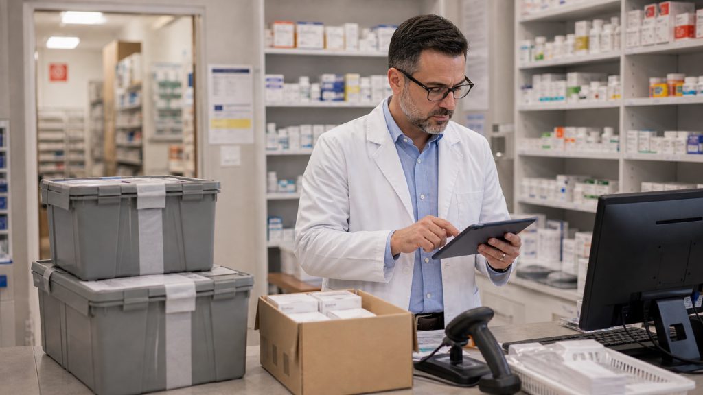 A realistic editorial image representing DSCSA receiving discipline for independent pharmacy professionals.