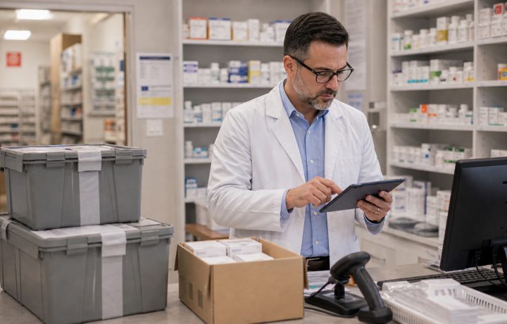 A realistic editorial image representing DSCSA receiving discipline for independent pharmacy professionals.