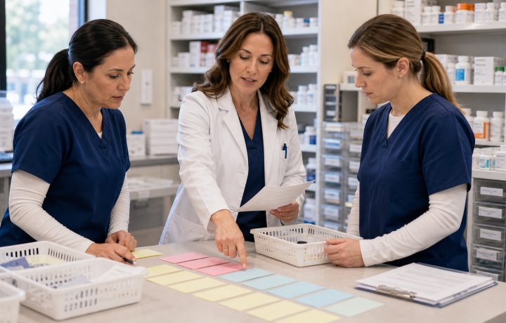 A realistic editorial image representing staffing task clarity for independent pharmacy professionals.