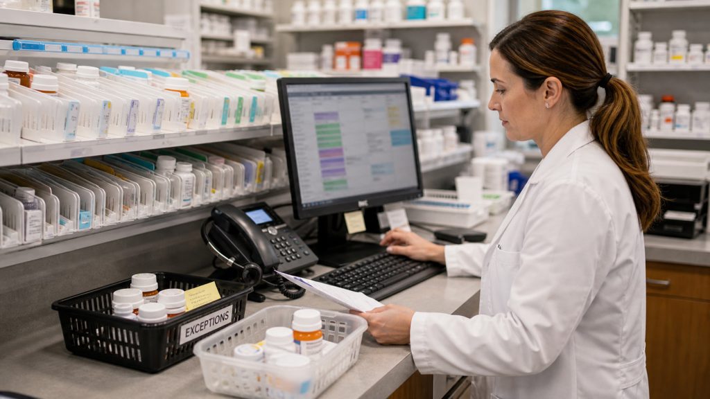A realistic editorial image representing medication synchronization exception management for independent pharmacy professionals.