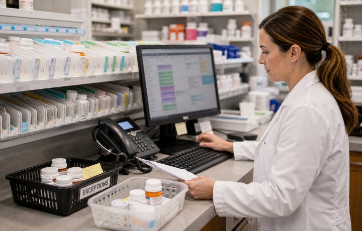 A realistic editorial image representing medication synchronization exception management for independent pharmacy professionals.