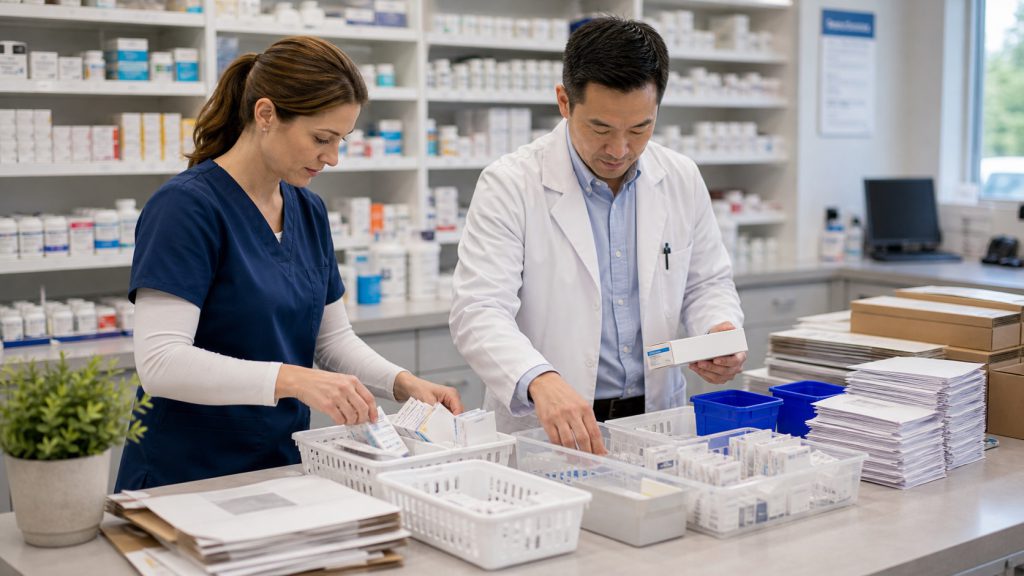 A realistic editorial image representing waste reduction without cutting patient service for independent pharmacy professionals.