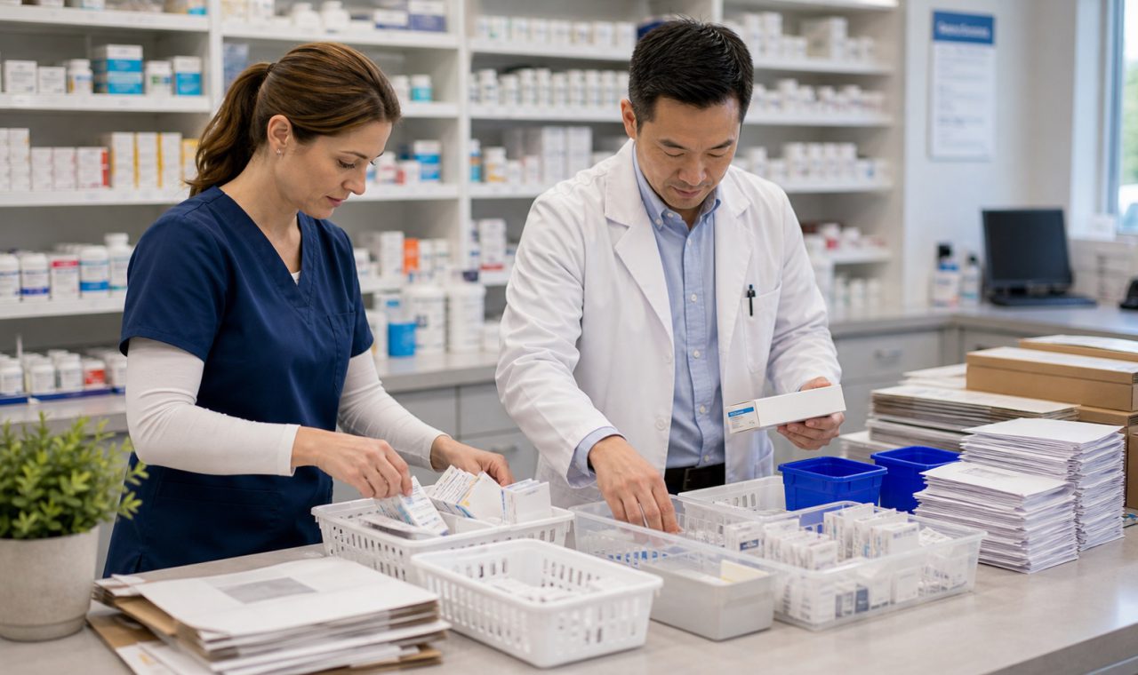 A realistic editorial image representing waste reduction without cutting patient service for independent pharmacy professionals.