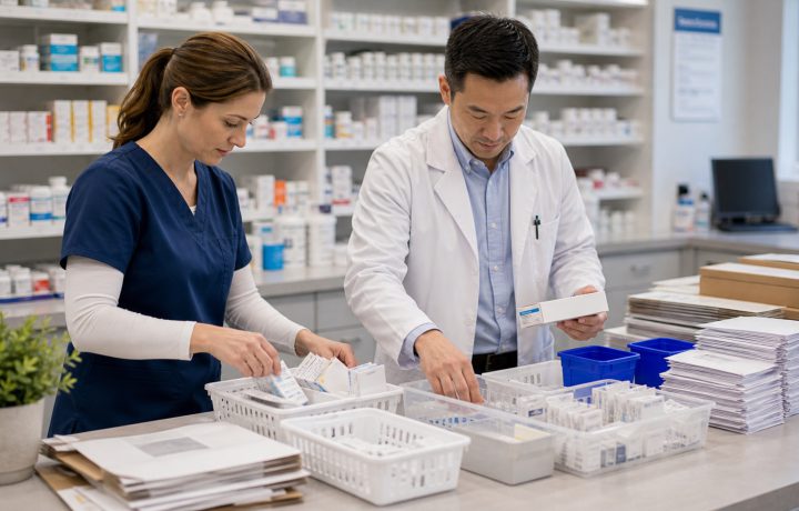 A realistic editorial image representing waste reduction without cutting patient service for independent pharmacy professionals.