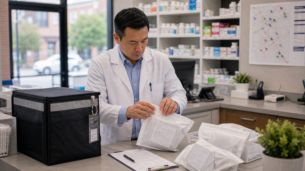 A realistic editorial image representing pharmacy delivery route operations for independent pharmacy professionals.