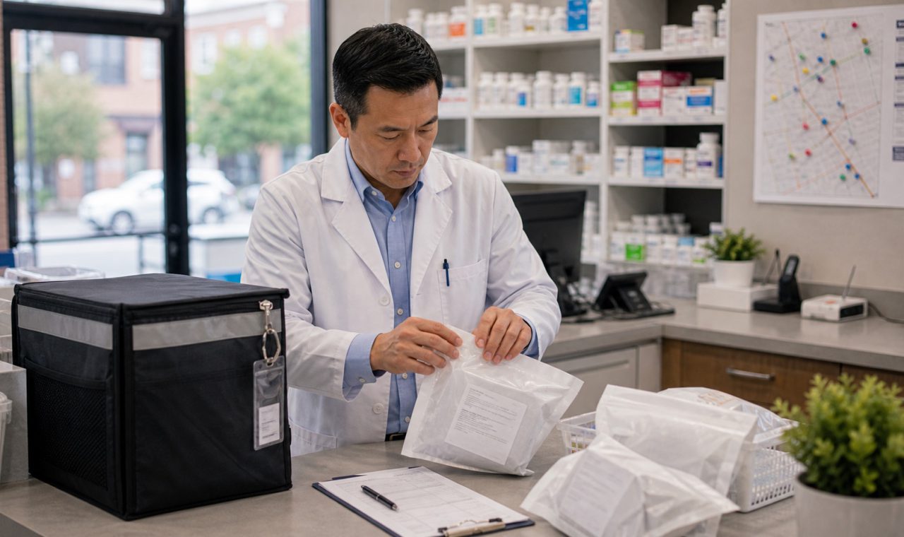 A realistic editorial image representing pharmacy delivery route operations for independent pharmacy professionals.