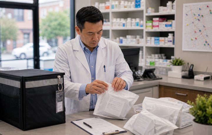 A realistic editorial image representing pharmacy delivery route operations for independent pharmacy professionals.