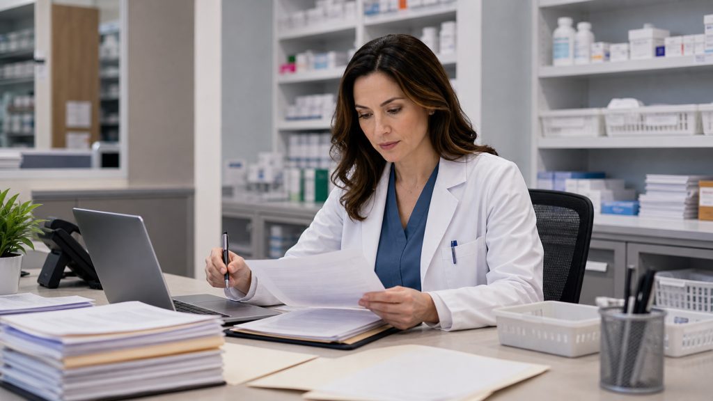 A realistic editorial image representing specialty pharmacy intake documentation for independent pharmacy professionals.