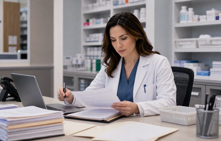 A realistic editorial image representing specialty pharmacy intake documentation for independent pharmacy professionals.
