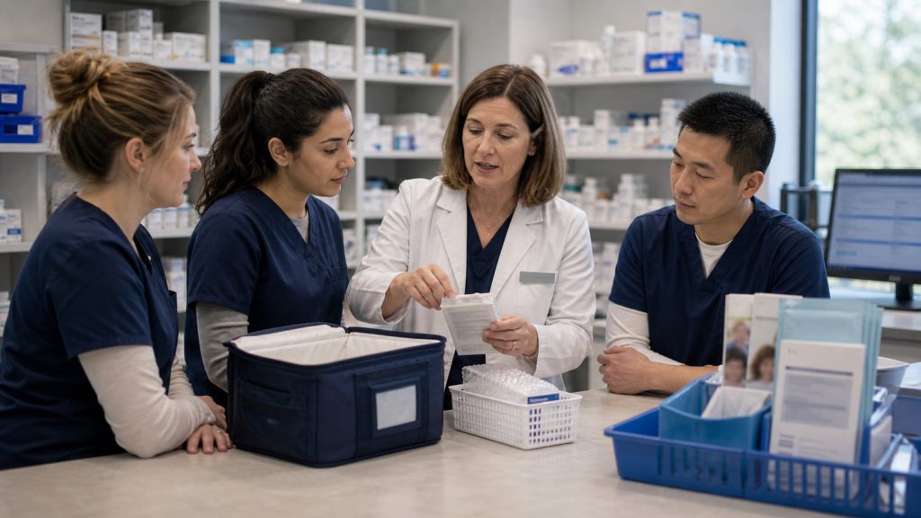 A realistic editorial image representing biologic therapy staff training for independent pharmacy professionals.