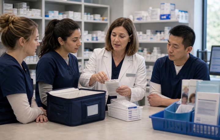 A realistic editorial image representing biologic therapy staff training for independent pharmacy professionals.