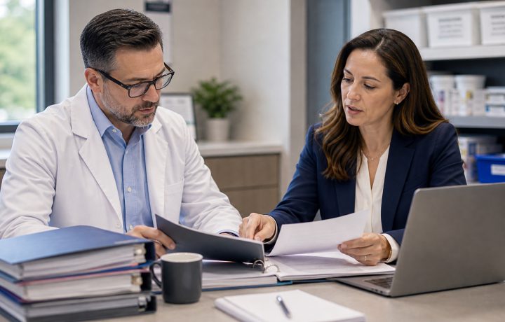 A realistic editorial image representing market access pressure in specialty pharmacy for independent pharmacy professionals.