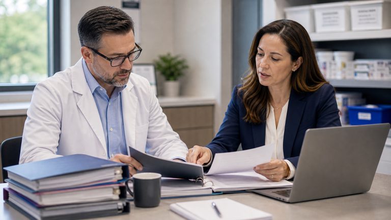 A realistic editorial image representing market access pressure in specialty pharmacy for independent pharmacy professionals.
