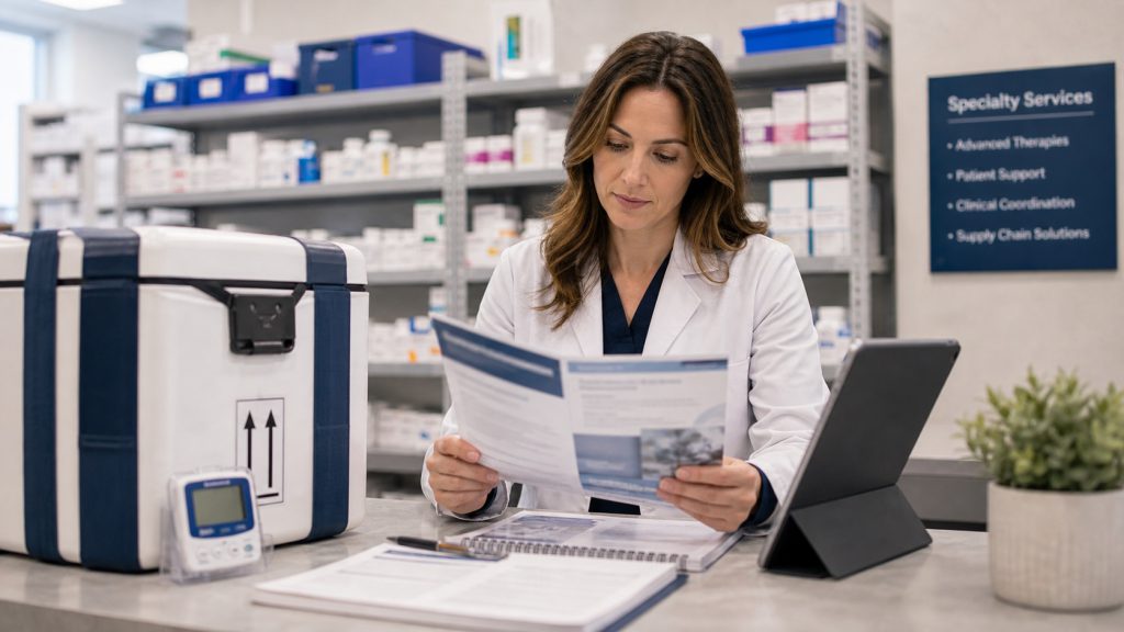 A realistic editorial image representing cell and gene therapy signals for specialty pharmacy professionals.