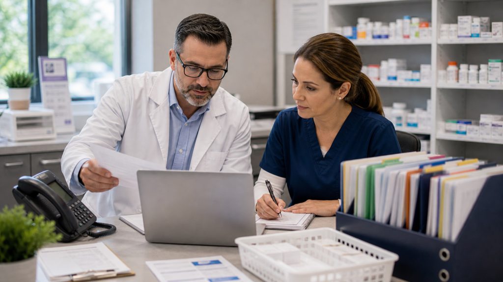 A realistic editorial image representing specialty pharmacy growth and referral completion for independent pharmacy professionals.