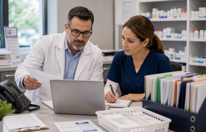 A realistic editorial image representing specialty pharmacy growth and referral completion for independent pharmacy professionals.