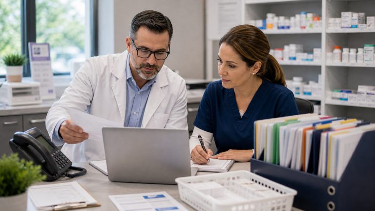 A realistic editorial image representing specialty pharmacy growth and referral completion for independent pharmacy professionals.