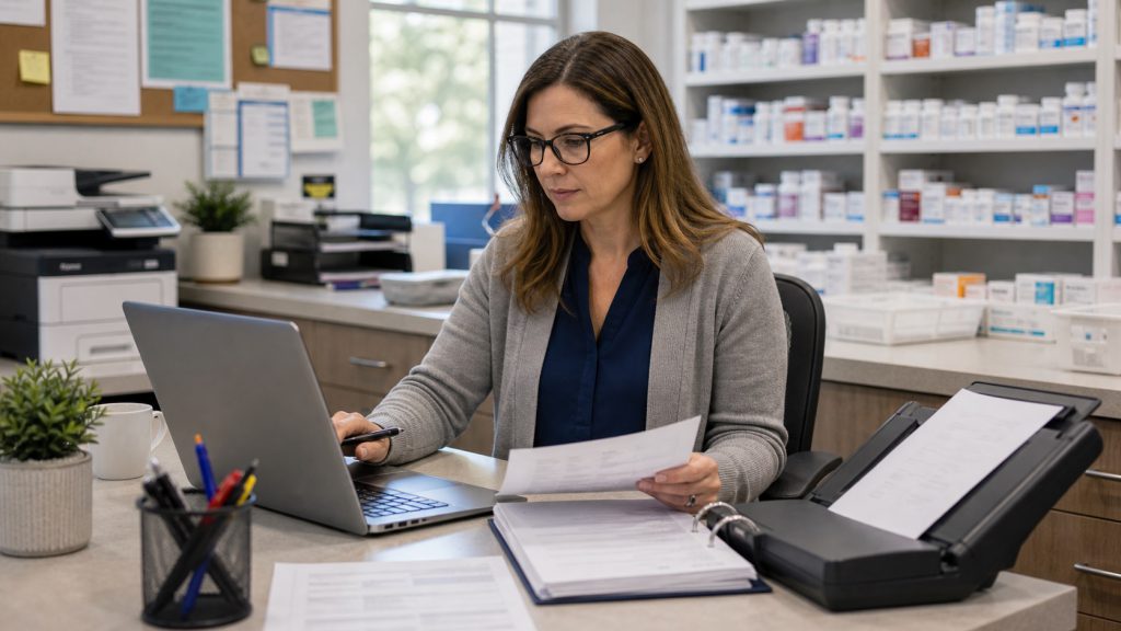 A realistic editorial image representing pharmacy AI administrative workflows for independent pharmacy professionals.