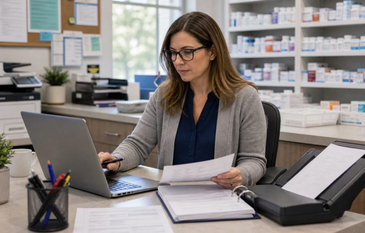 A realistic editorial image representing pharmacy AI administrative workflows for independent pharmacy professionals.