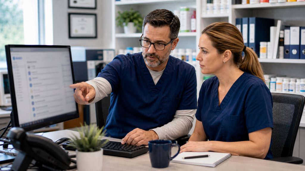 A realistic editorial image representing cybersecurity account discipline for independent pharmacy professionals.