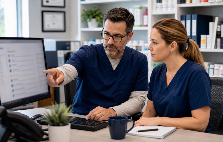 A realistic editorial image representing cybersecurity account discipline for independent pharmacy professionals.