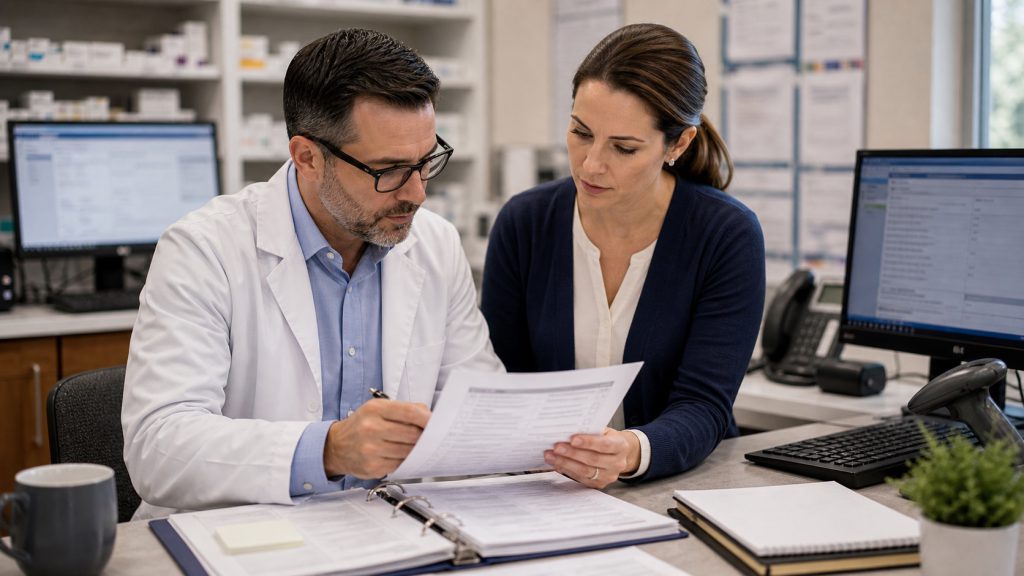 A realistic editorial image representing a pharmacy system switch for independent pharmacy professionals.