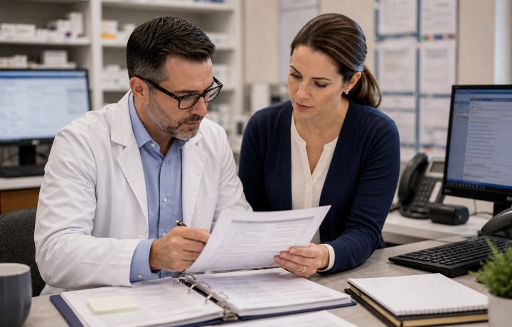 A realistic editorial image representing a pharmacy system switch for independent pharmacy professionals.