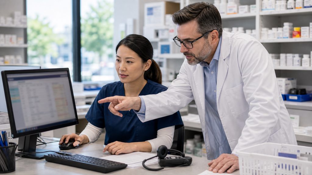 A realistic editorial image representing interoperability that reduces phone calls for independent pharmacy professionals.