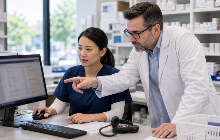 A realistic editorial image representing interoperability that reduces phone calls for independent pharmacy professionals.