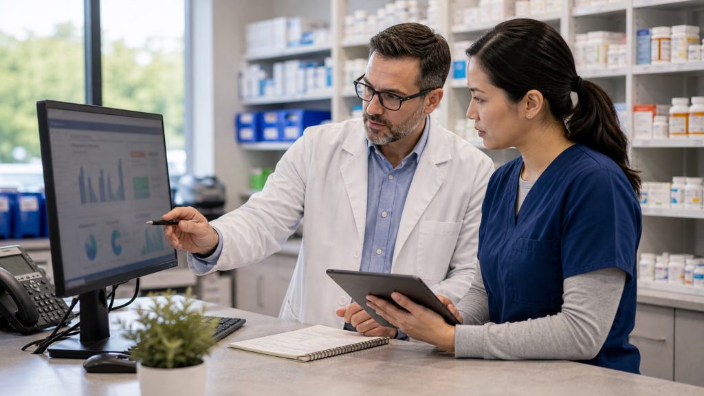 A realistic editorial image representing operational analytics for independent pharmacy professionals.