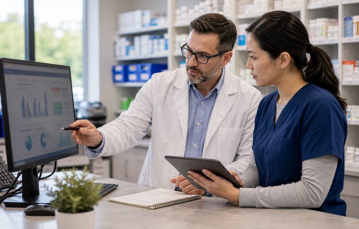 A realistic editorial image representing operational analytics for independent pharmacy professionals.