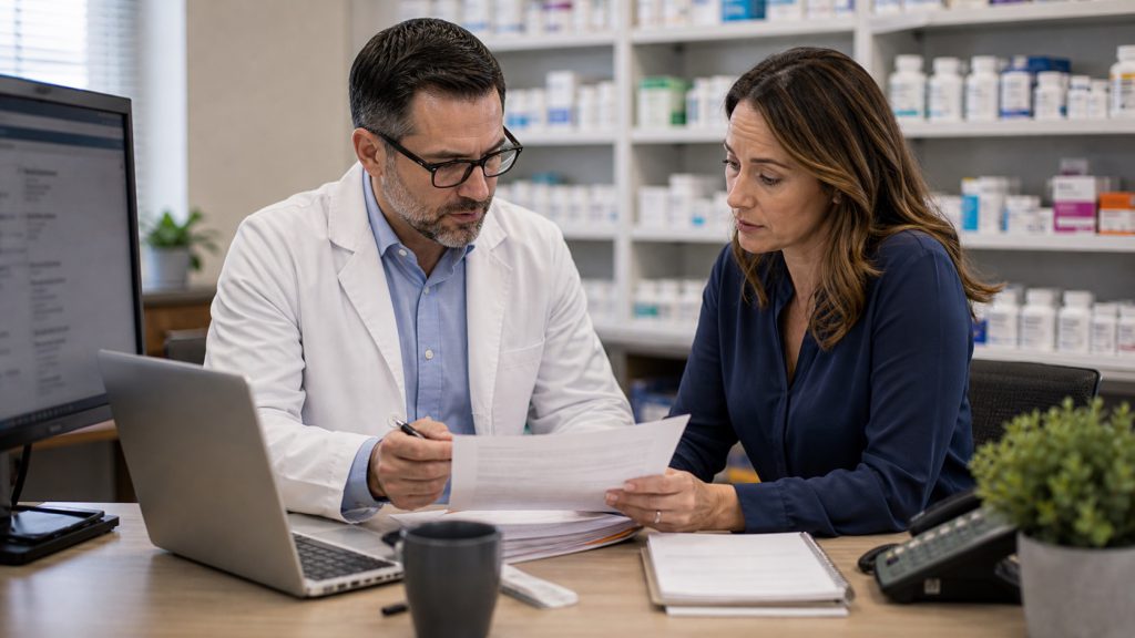 A realistic editorial image representing claims support partner evaluation for independent pharmacy professionals.