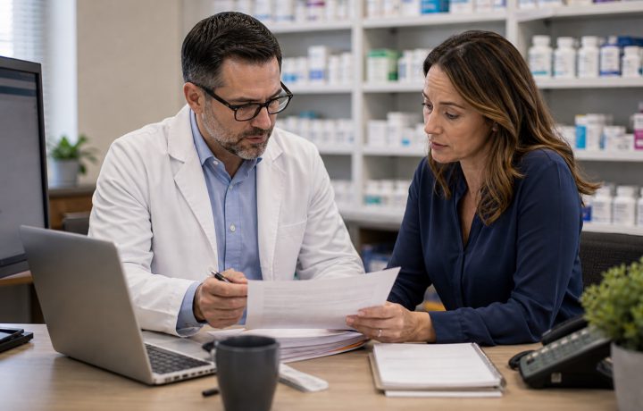 A realistic editorial image representing claims support partner evaluation for independent pharmacy professionals.