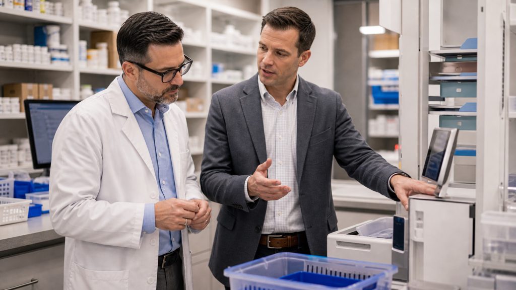 A realistic editorial image representing pharmacy automation vendor evaluation for independent pharmacy professionals.
