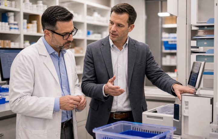 A realistic editorial image representing pharmacy automation vendor evaluation for independent pharmacy professionals.