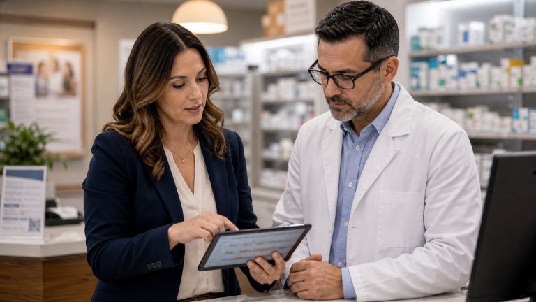 A realistic editorial image representing marketing partner follow-through for independent pharmacy professionals.