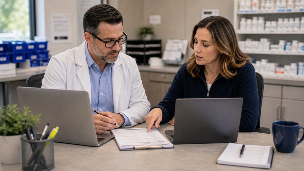 A realistic editorial image representing pharmacy data migration partner selection for independent pharmacy professionals.