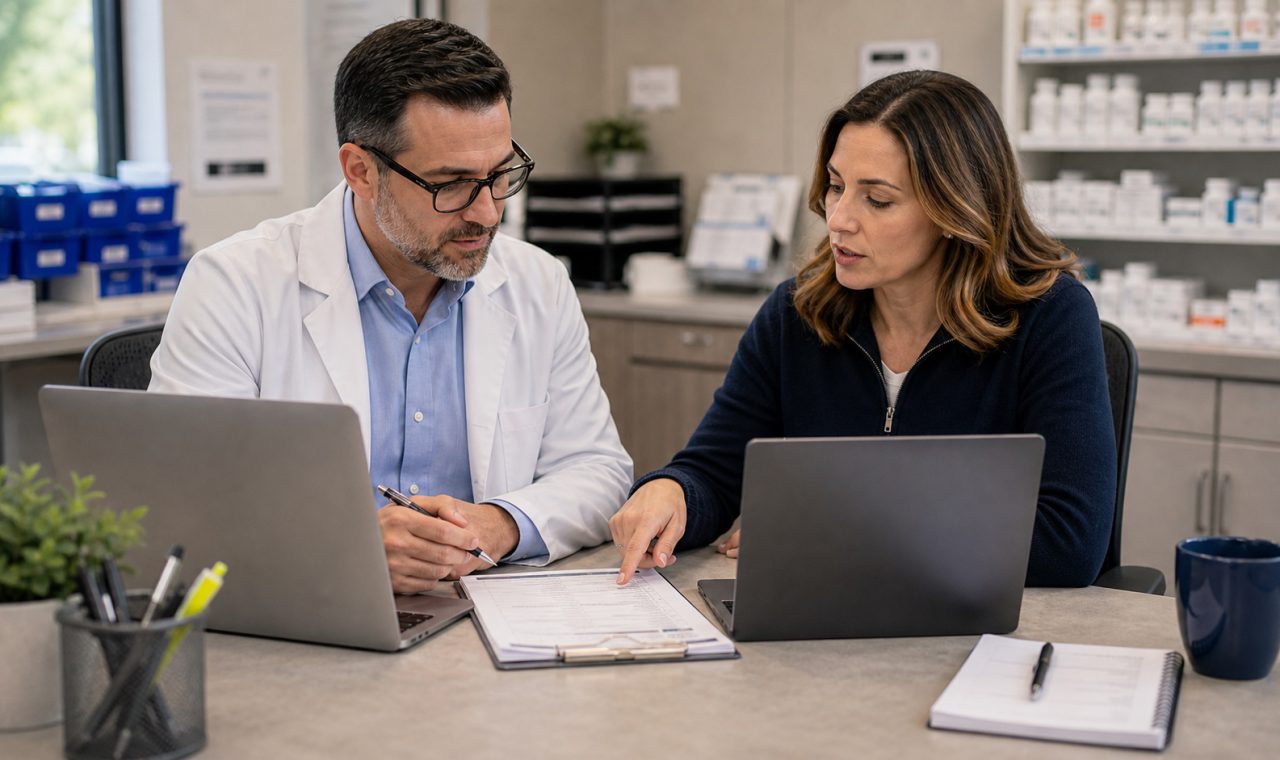 A realistic editorial image representing pharmacy data migration partner selection for independent pharmacy professionals.